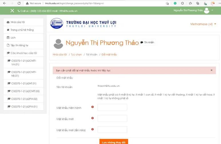 Hướng Dẫn Sử Dụng Hê Thống LMS Dành Cho Giảng Viên 3 Hình 1.3 Đổi mật khẩu