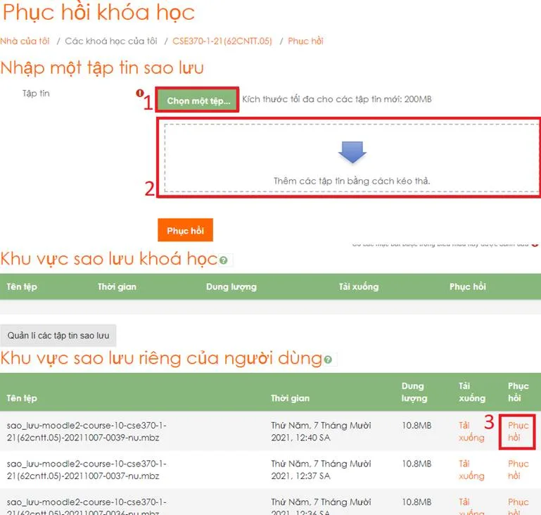 Hướng Dẫn Sử Dụng Hê Thống LMS Dành Cho Giảng Viên 76 Hình 6.3 Phục hồi khóa học